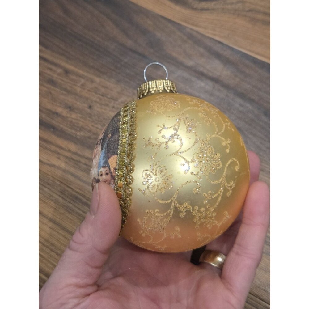 Vtg Germany Glass Christmas Ornament Santa Children Gold Ball 4” Hand Decorated - Picture 5 of 8